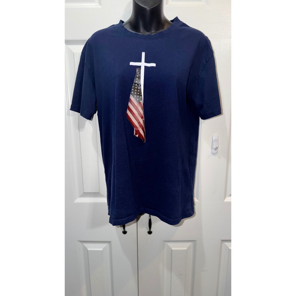 Mens Navy Blue American Flag Cross Graphic T-Shirt Short Sleeve Crew Neck Large